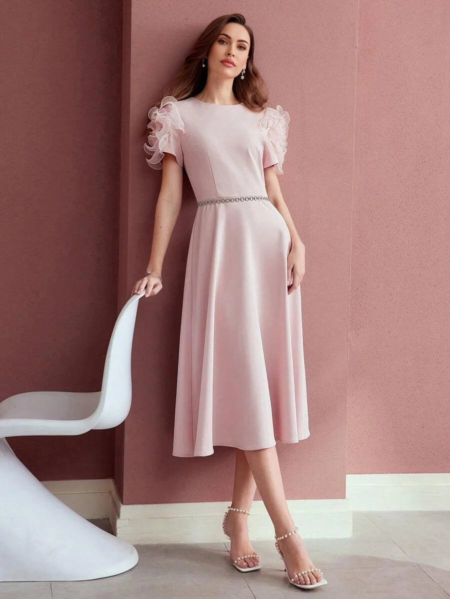 PREMIUM CONTRAST MESH RUFFLE TRIM DRESS