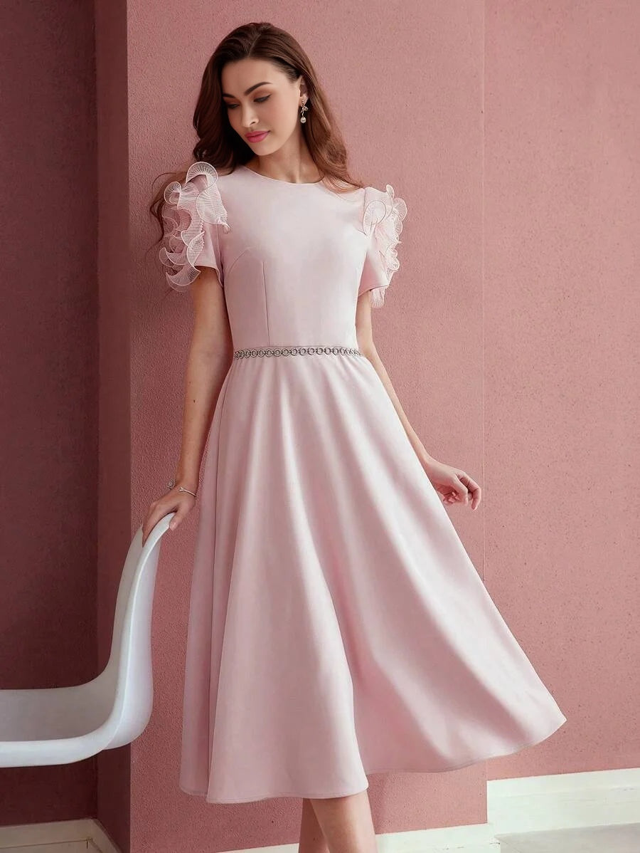 PREMIUM CONTRAST MESH RUFFLE TRIM DRESS