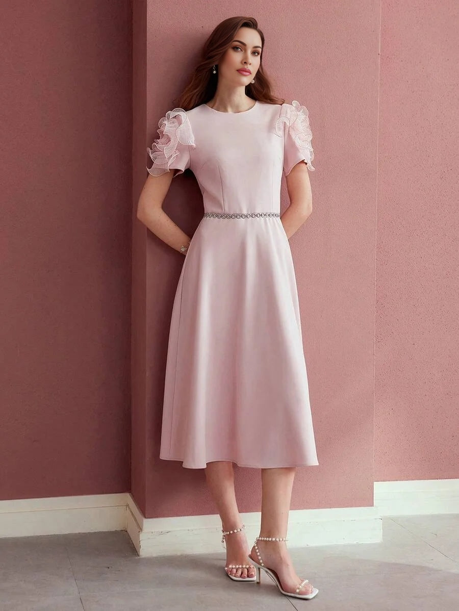 PREMIUM CONTRAST MESH RUFFLE TRIM DRESS