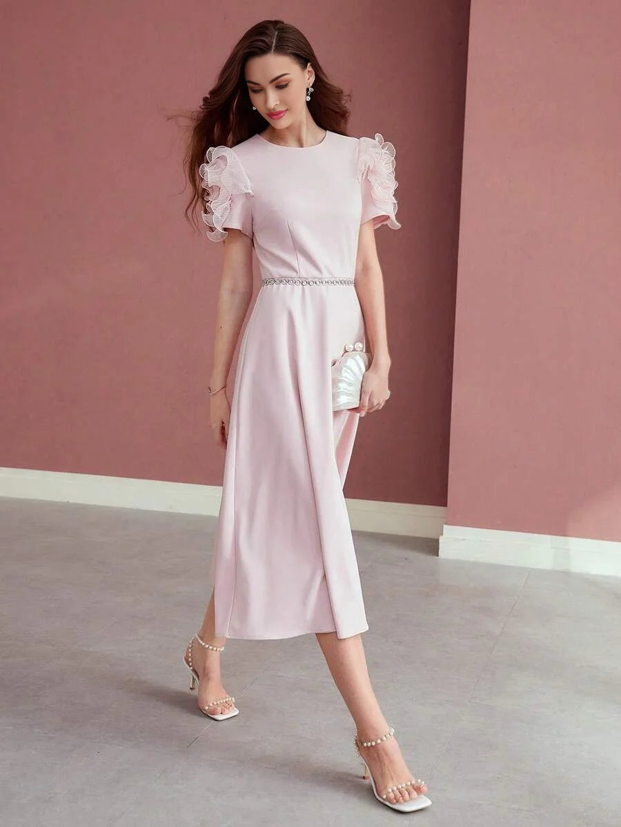 PREMIUM CONTRAST MESH RUFFLE TRIM DRESS