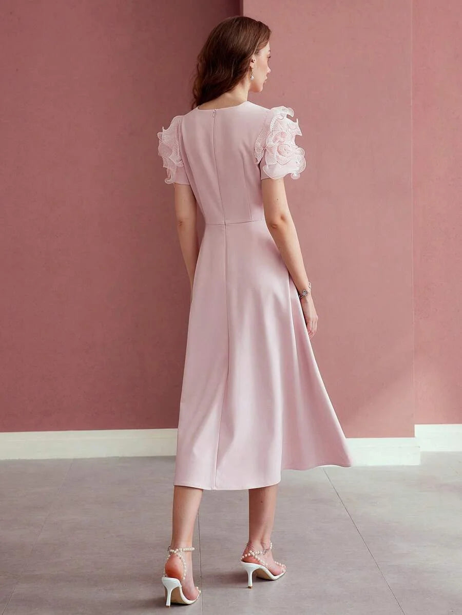 PREMIUM CONTRAST MESH RUFFLE TRIM DRESS