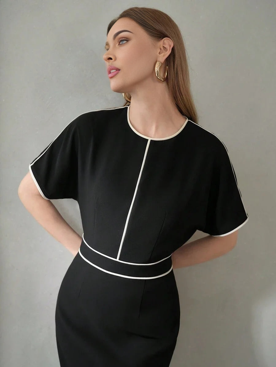 PREMIUM CONTRAST PIPING BATWING SLEEVE DRESSSUMMER OUTFITS