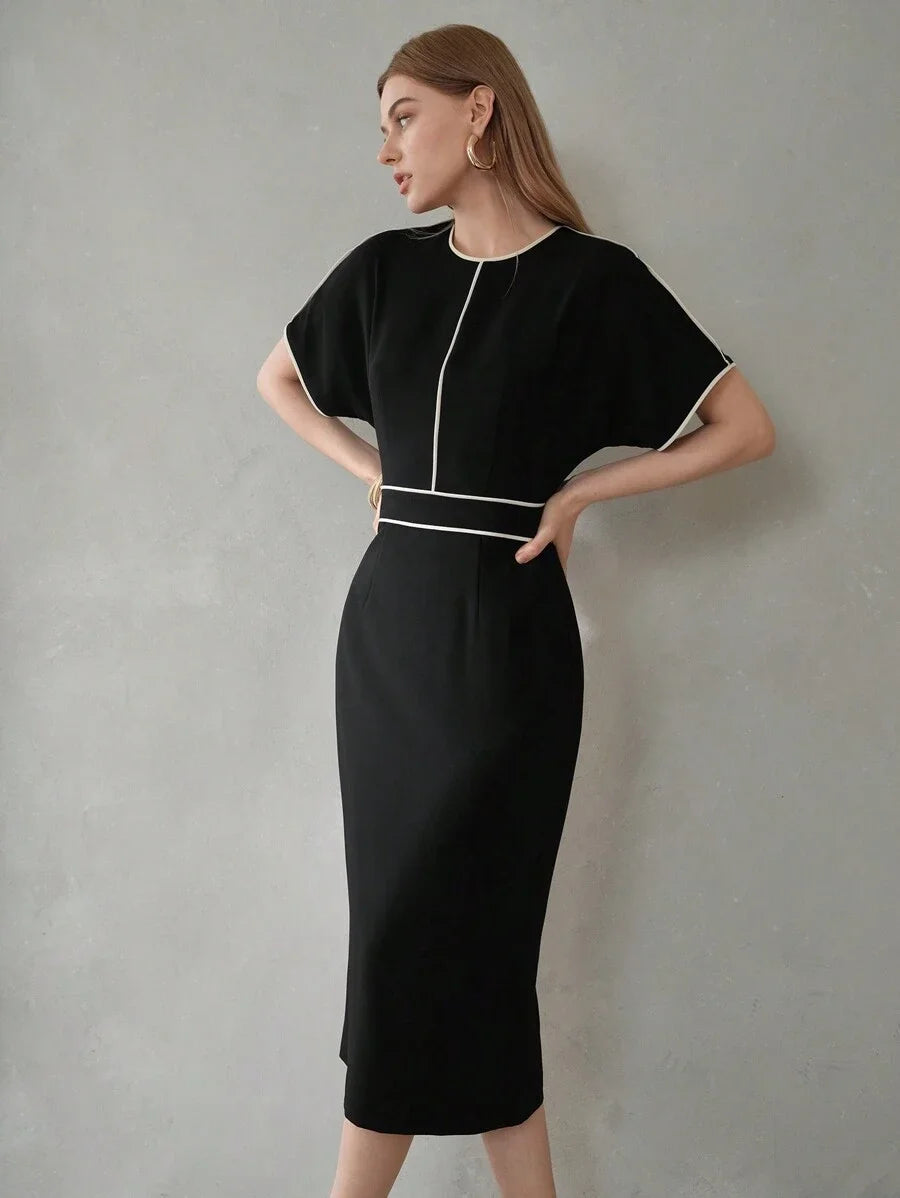 PREMIUM CONTRAST PIPING BATWING SLEEVE DRESSSUMMER OUTFITS