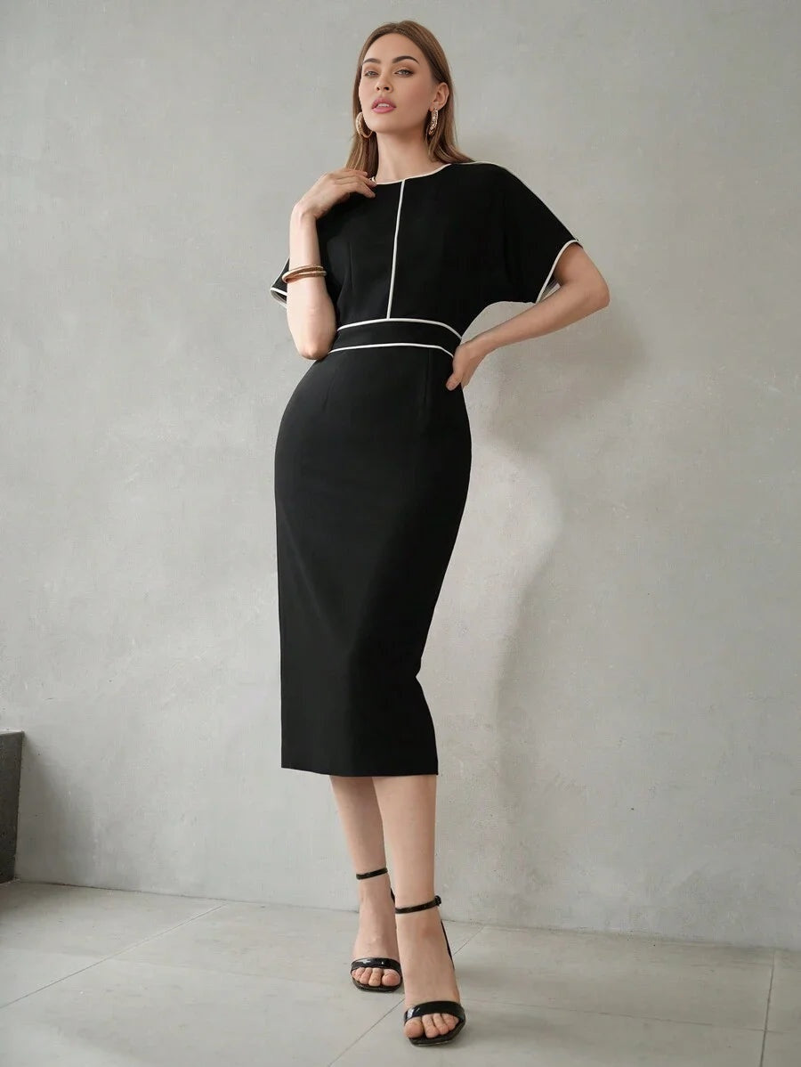PREMIUM CONTRAST PIPING BATWING SLEEVE DRESSSUMMER OUTFITS