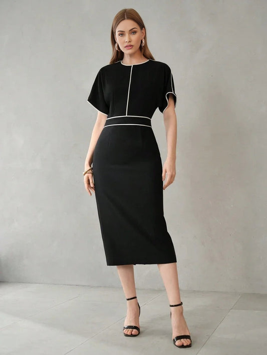 PREMIUM CONTRAST PIPING BATWING SLEEVE DRESSSUMMER OUTFITS