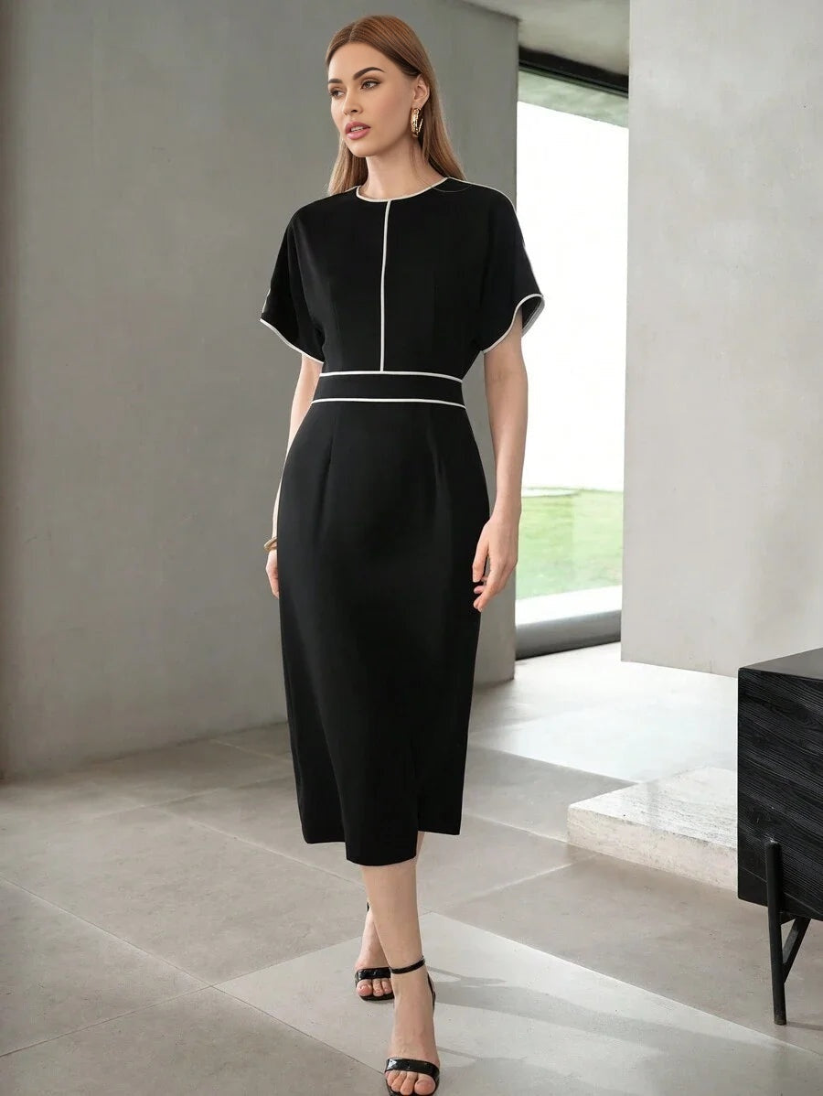 PREMIUM CONTRAST PIPING BATWING SLEEVE DRESSSUMMER OUTFITS