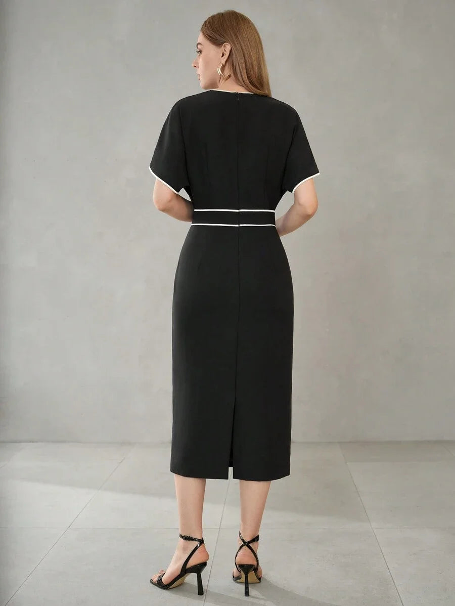 PREMIUM CONTRAST PIPING BATWING SLEEVE DRESSSUMMER OUTFITS