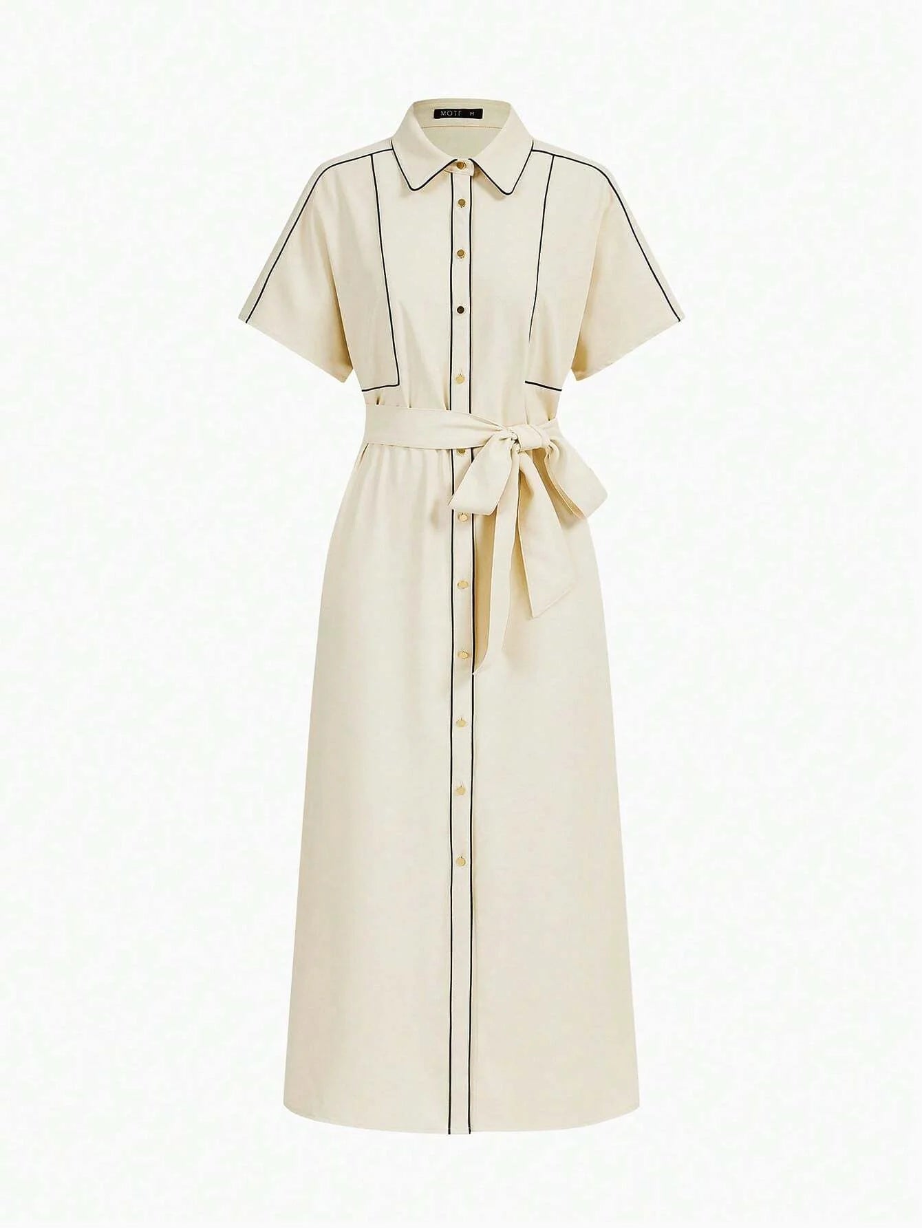 PREMIUM CONTRAST PIPING BUTTON FRONT BELTED DRESS