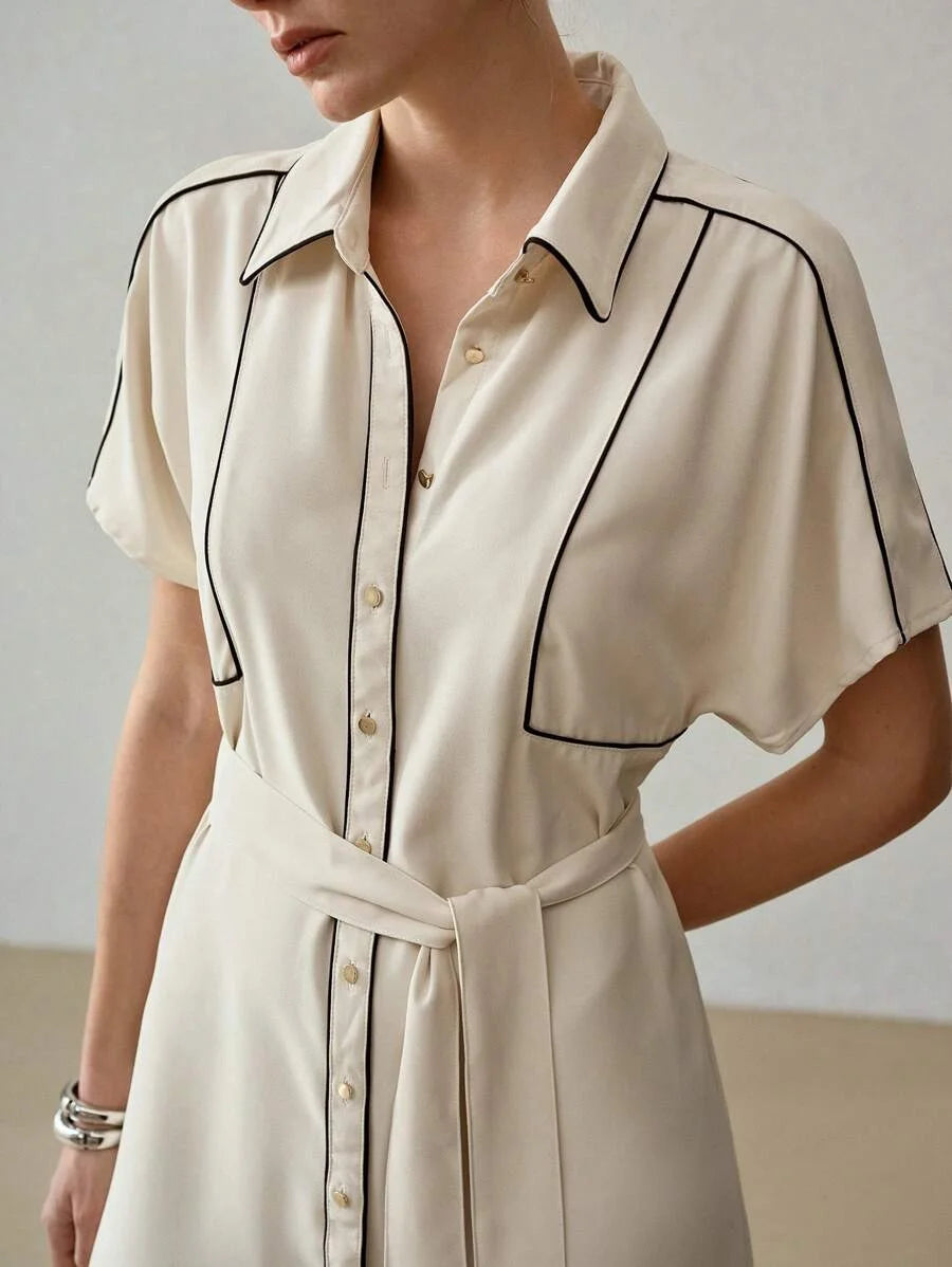 PREMIUM CONTRAST PIPING BUTTON FRONT BELTED DRESS