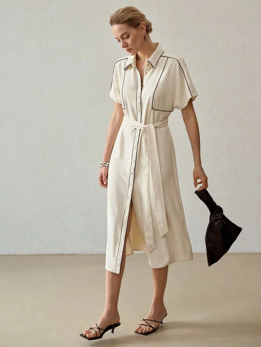 PREMIUM CONTRAST PIPING BUTTON FRONT BELTED DRESS