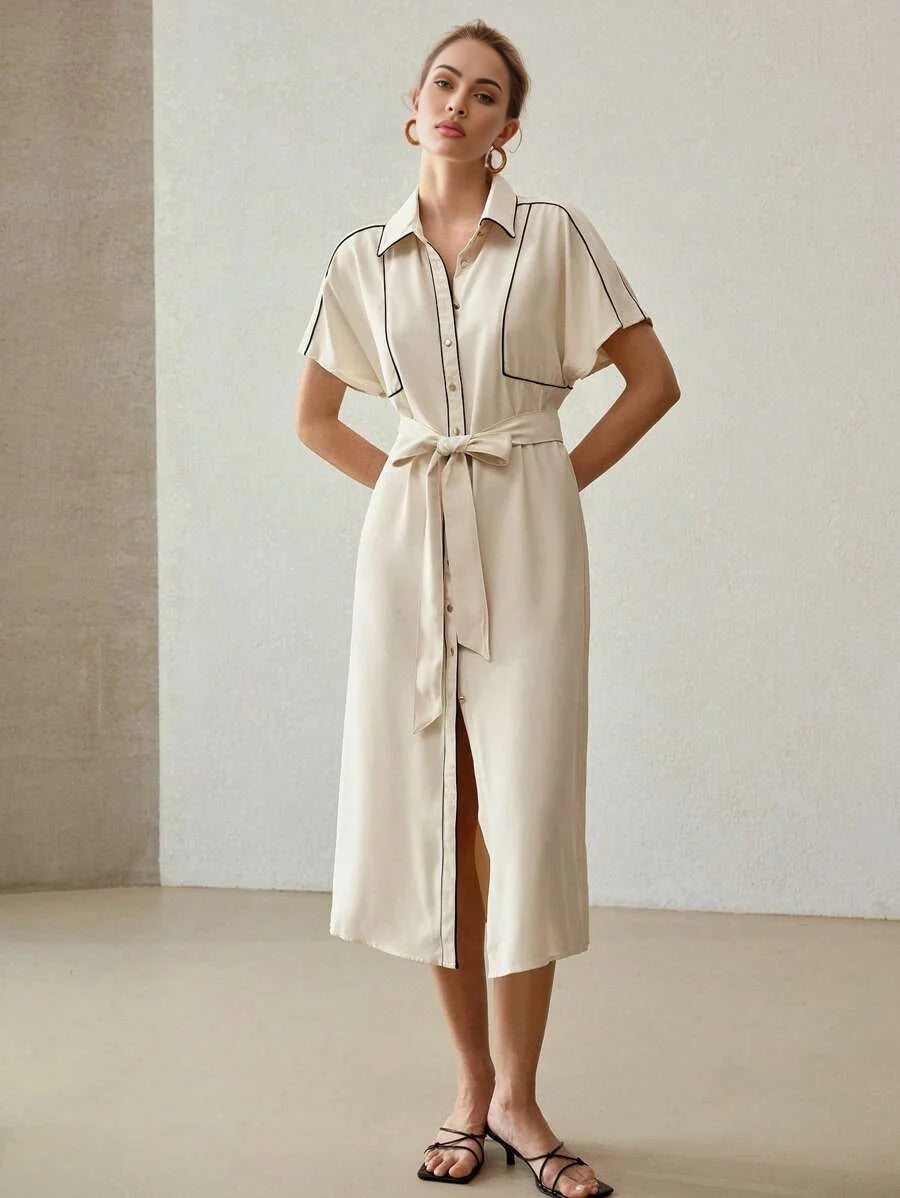 PREMIUM CONTRAST PIPING BUTTON FRONT BELTED DRESS