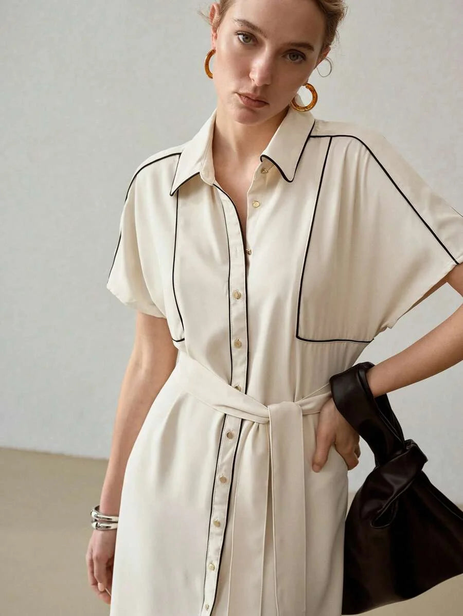 PREMIUM CONTRAST PIPING BUTTON FRONT BELTED DRESS