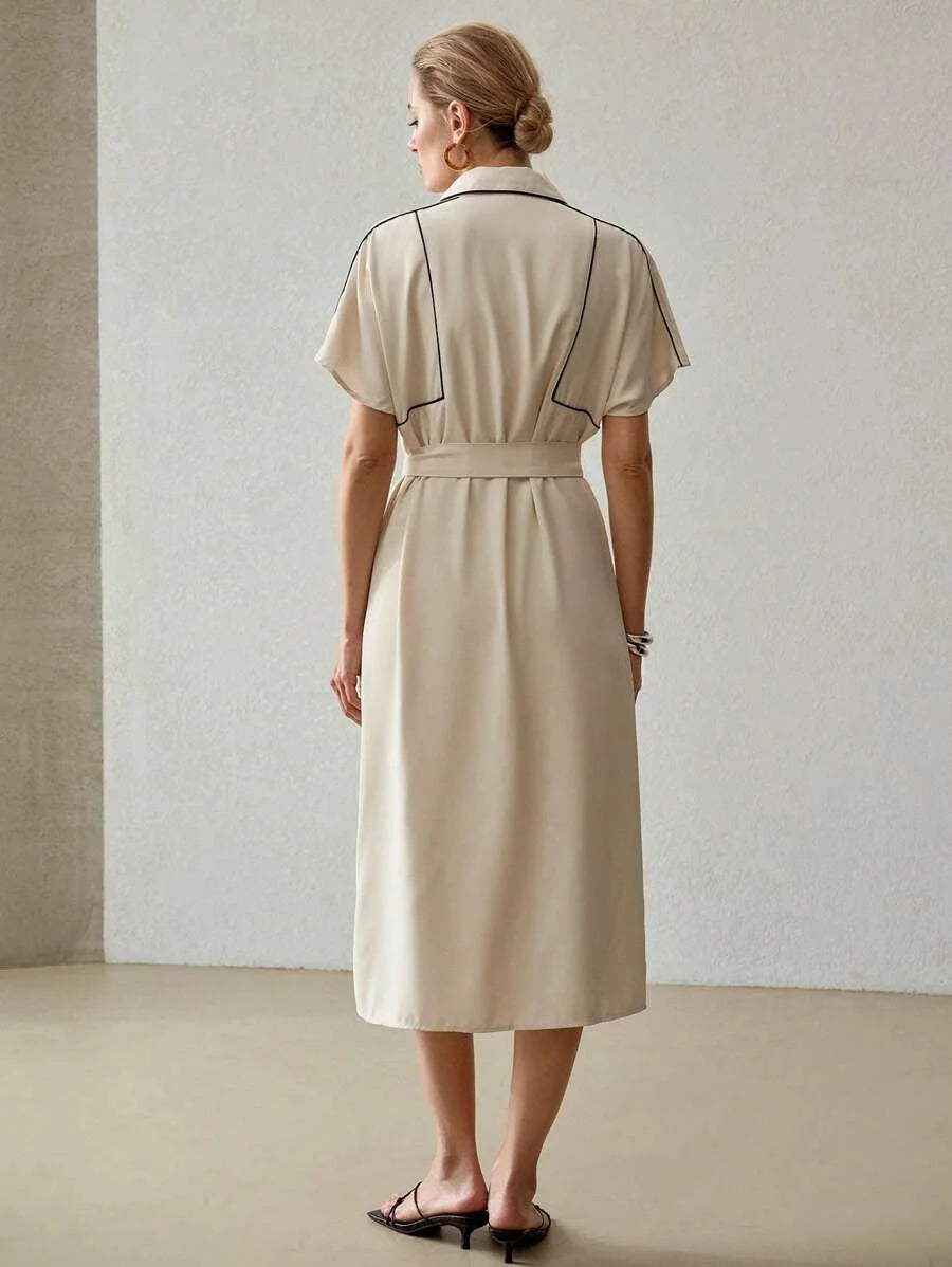 PREMIUM CONTRAST PIPING BUTTON FRONT BELTED DRESS