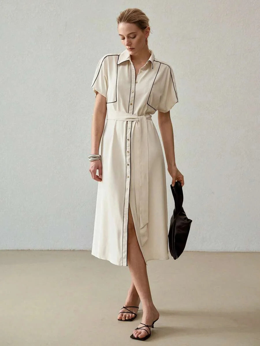 PREMIUM CONTRAST PIPING BUTTON FRONT BELTED DRESS