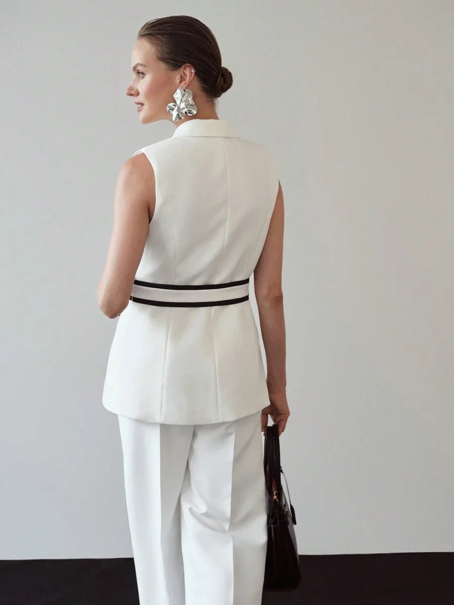 PREMIUM CONTRAST PIPING PEAK COLLAR BELTED WAISTCOAT