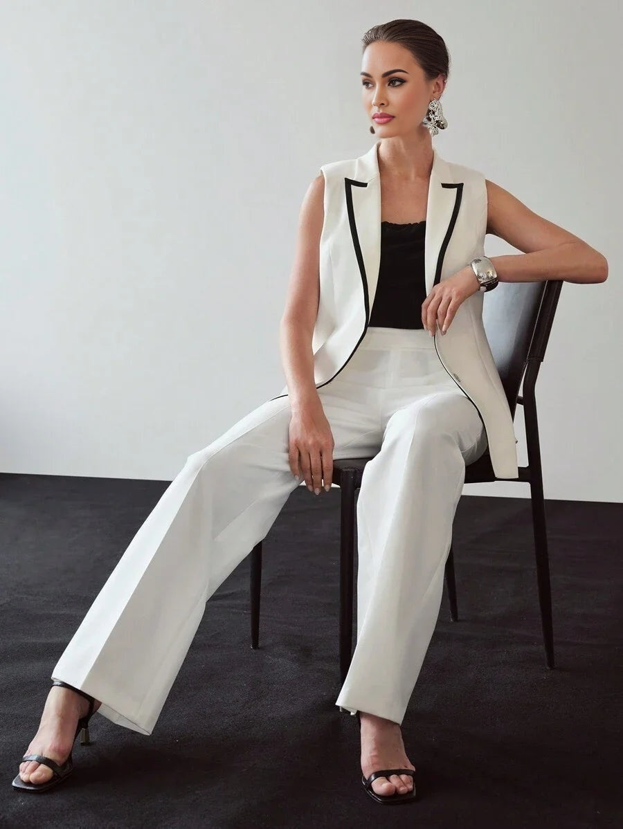 PREMIUM CONTRAST PIPING PEAK COLLAR BELTED WAISTCOAT