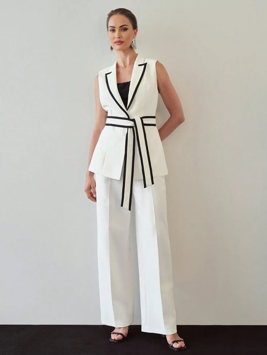 PREMIUM CONTRAST PIPING PEAK COLLAR BELTED WAISTCOAT