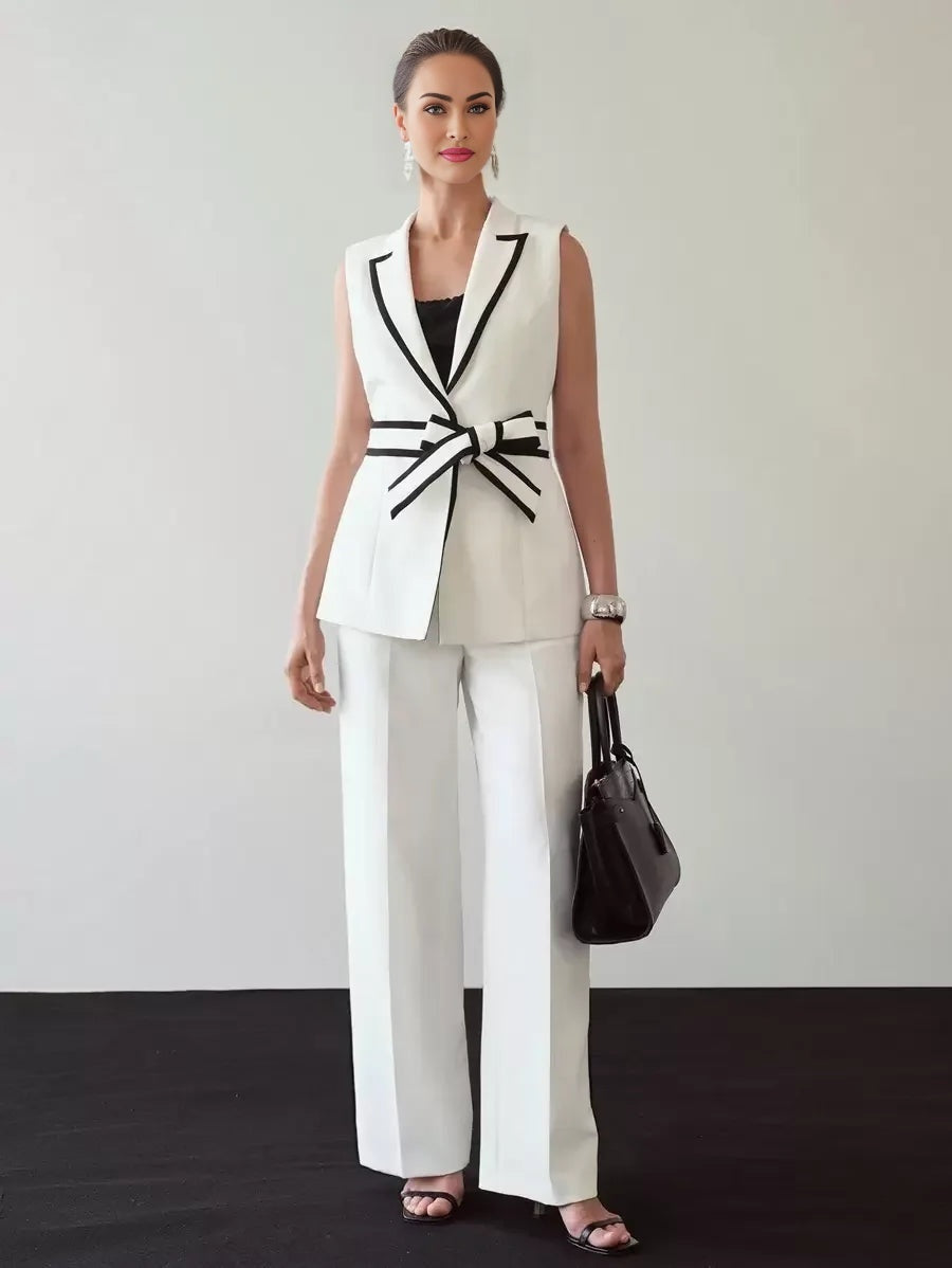 PREMIUM CONTRAST PIPING PEAK COLLAR BELTED WAISTCOAT