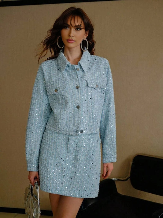 PREMIUM CONTRAST SEQUIN BUTTON UP DENIM JACKET