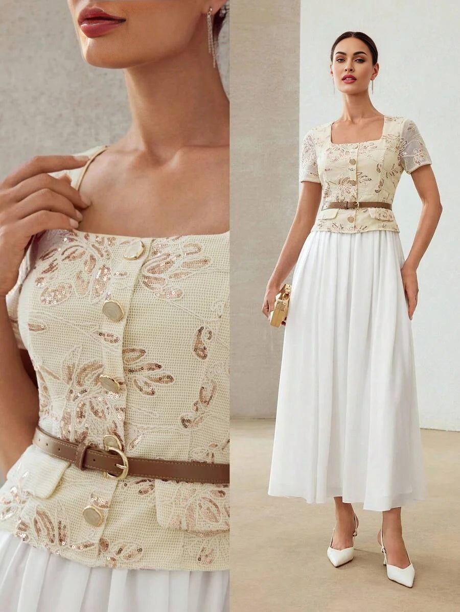 PREMIUM CONTRAST SEQUIN EMBROIDERY FLOWY DRESS