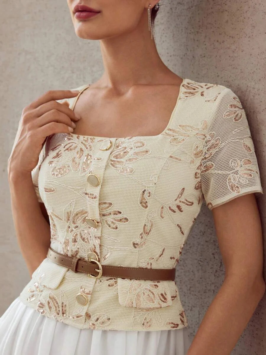 PREMIUM CONTRAST SEQUIN EMBROIDERY FLOWY DRESS