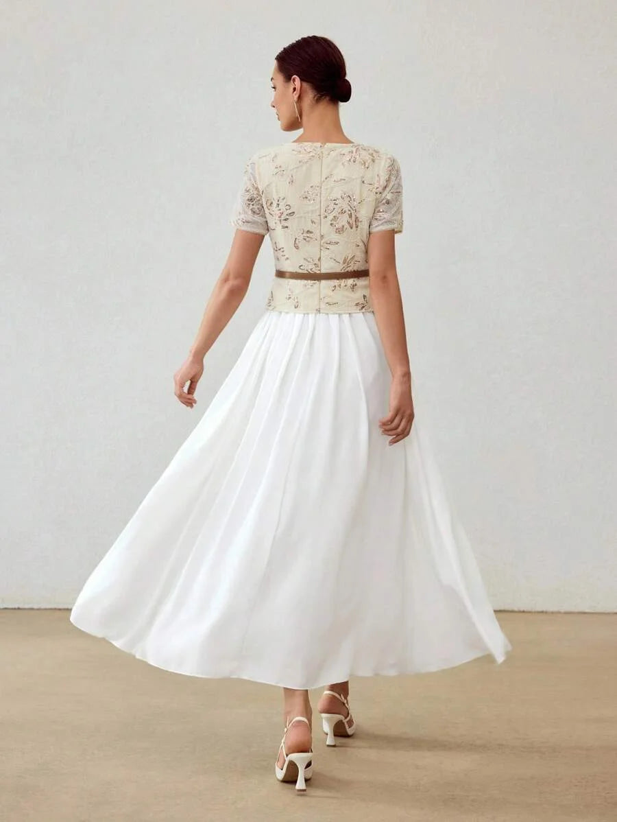 PREMIUM CONTRAST SEQUIN EMBROIDERY FLOWY DRESS