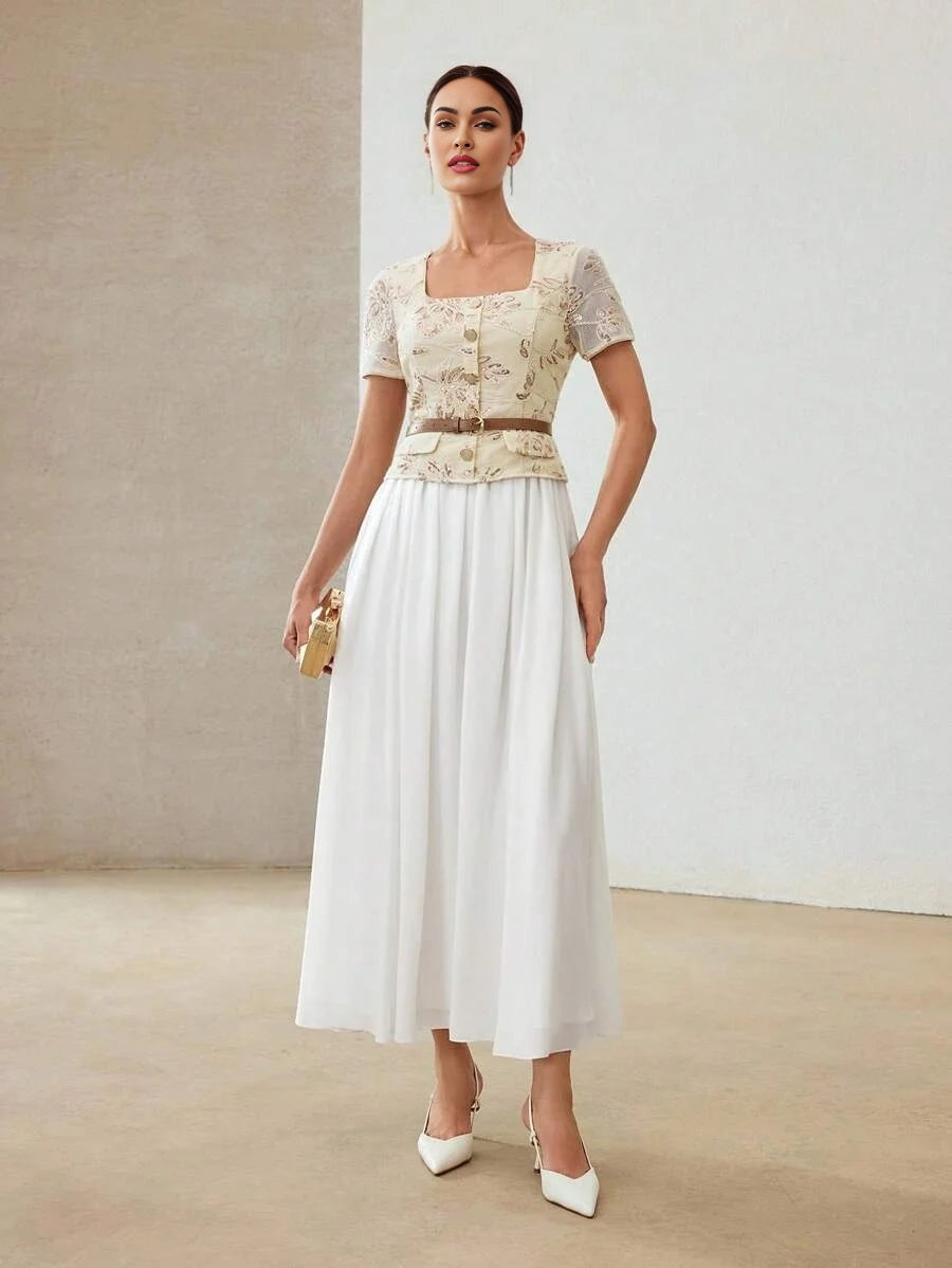 PREMIUM CONTRAST SEQUIN EMBROIDERY FLOWY DRESS