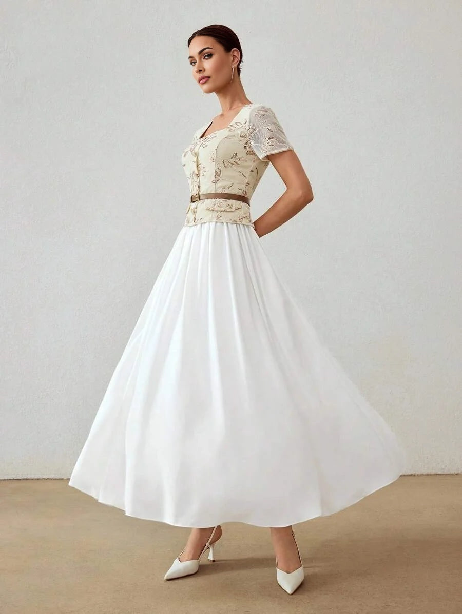 PREMIUM CONTRAST SEQUIN EMBROIDERY FLOWY DRESS