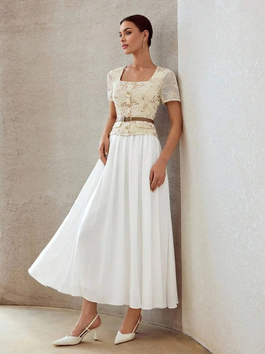 PREMIUM CONTRAST SEQUIN EMBROIDERY FLOWY DRESS