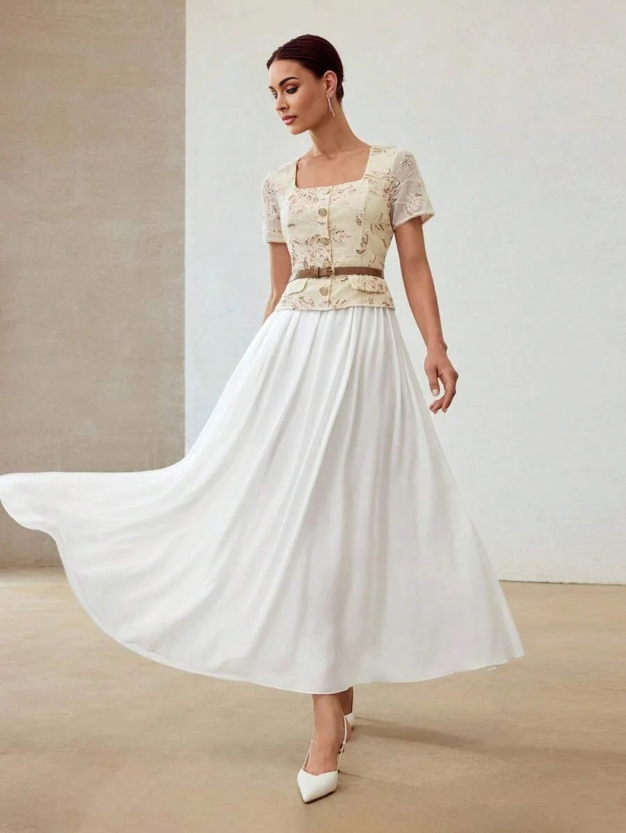 PREMIUM CONTRAST SEQUIN EMBROIDERY FLOWY DRESS