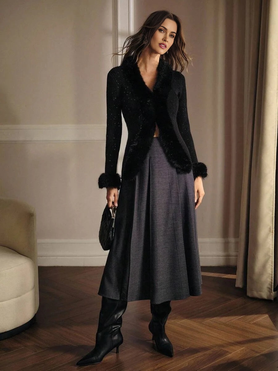 PREMIUM CONTRAST SEQUIN FAUX FUR TRIM CARDIGAN FOR AUTUMN amp WINTER
