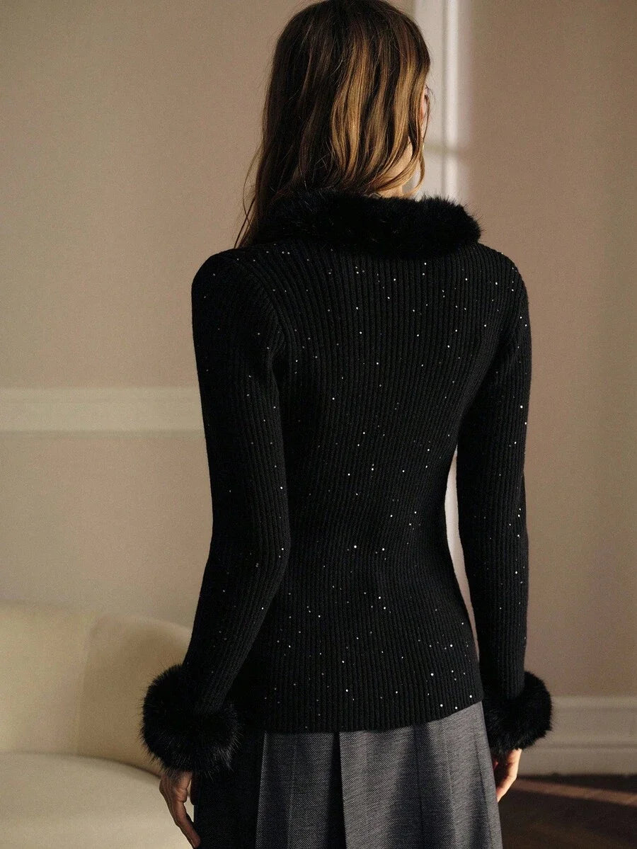 PREMIUM CONTRAST SEQUIN FAUX FUR TRIM CARDIGAN FOR AUTUMN amp WINTER