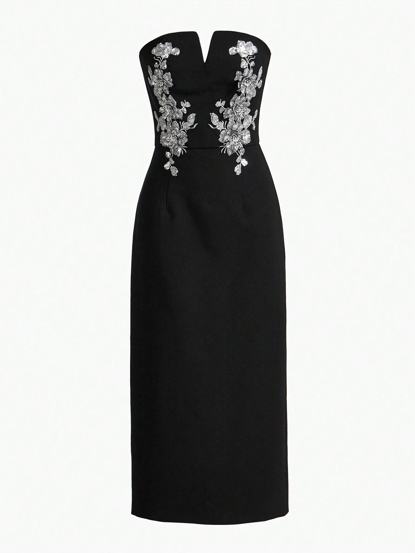 PREMIUM CONTRAST SEQUIN FLORAL PATTERN SPLIT BACK SLIM FIT TUBE DRESS