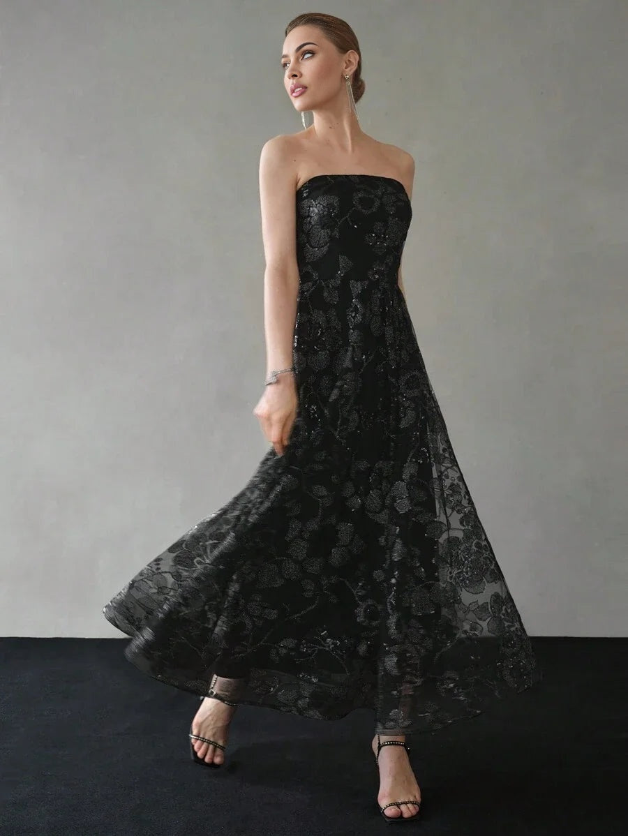 PREMIUM CONTRAST SEQUIN MESH OVERLAY FLARE HEM TUBE DRESSHOLIDAY PARTY BIRTHDAY FORMAL EVENING