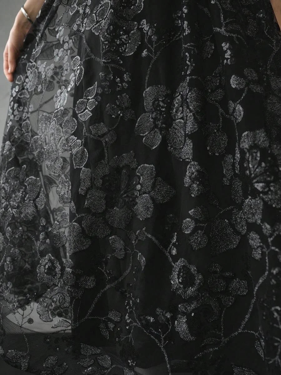 PREMIUM CONTRAST SEQUIN MESH OVERLAY FLARE HEM TUBE DRESSHOLIDAY PARTY BIRTHDAY FORMAL EVENING