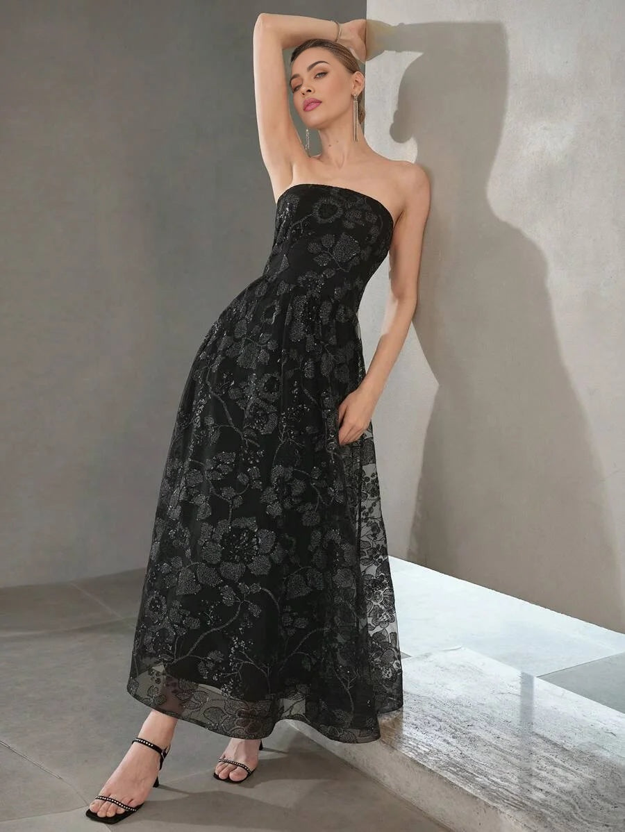 PREMIUM CONTRAST SEQUIN MESH OVERLAY FLARE HEM TUBE DRESSHOLIDAY PARTY BIRTHDAY FORMAL EVENING