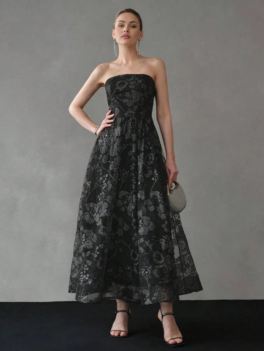 PREMIUM CONTRAST SEQUIN MESH OVERLAY FLARE HEM TUBE DRESSHOLIDAY PARTY BIRTHDAY FORMAL EVENING