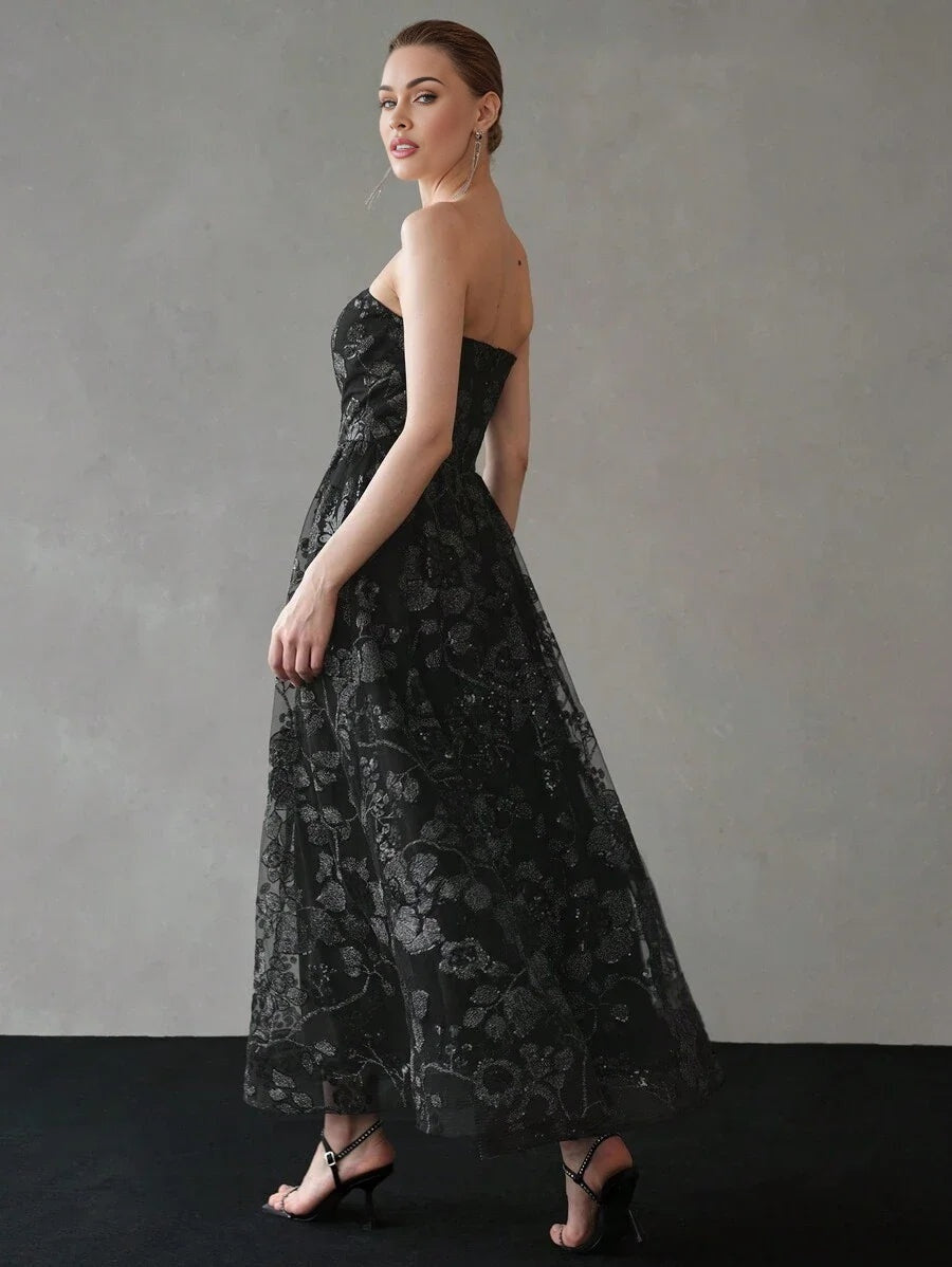 PREMIUM CONTRAST SEQUIN MESH OVERLAY FLARE HEM TUBE DRESSHOLIDAY PARTY BIRTHDAY FORMAL EVENING