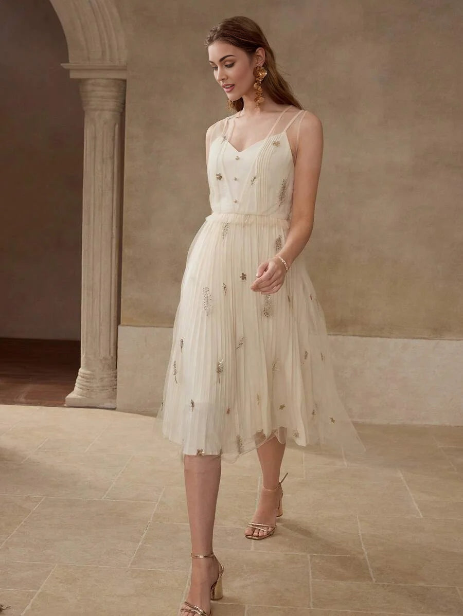 PREMIUM CONTRAST SEQUIN PLEATED CAMI DRESS