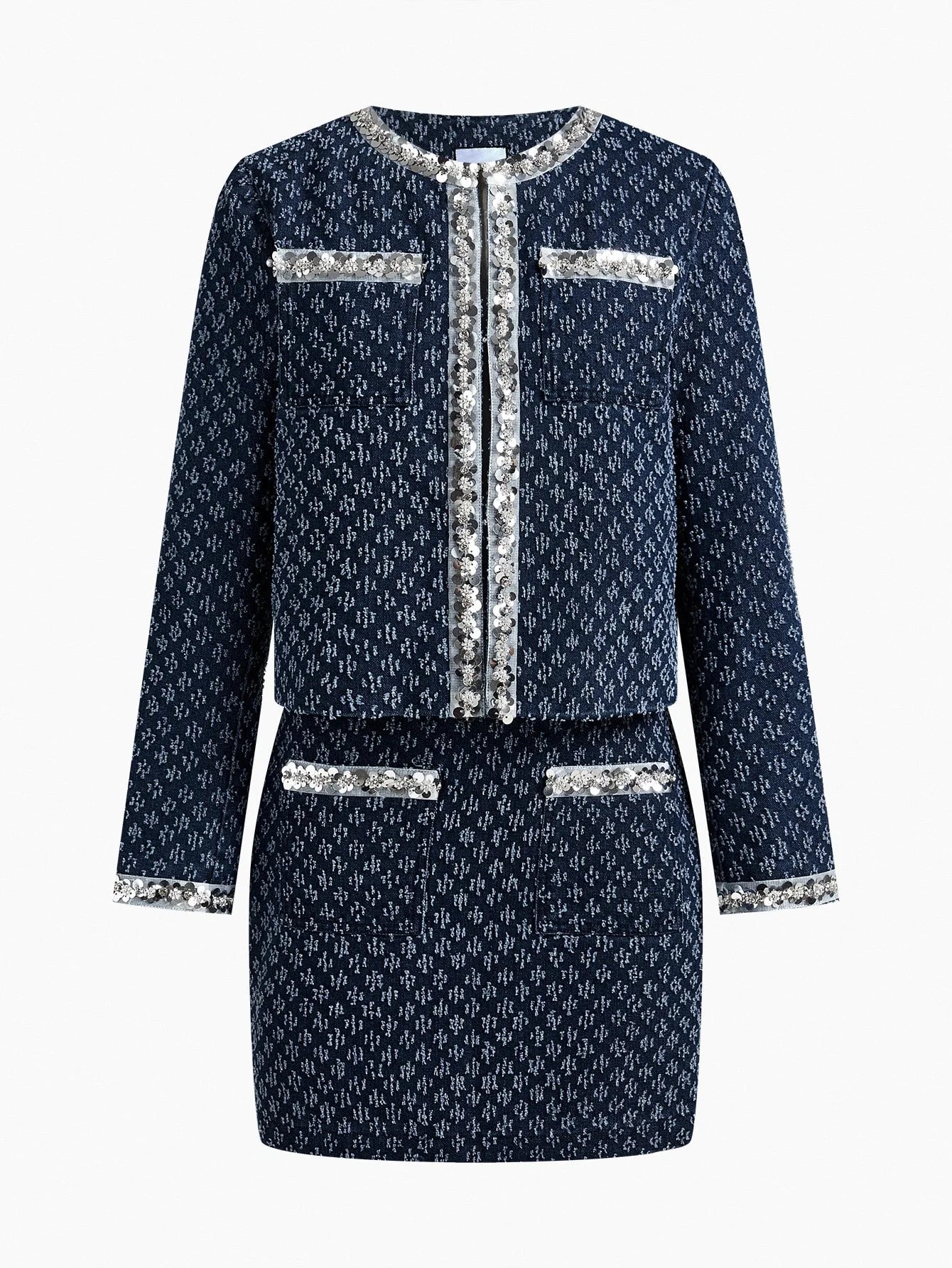 PREMIUM CONTRAST SEQUIN POCKET TOP amp SKIRT DENIM OUTFIT