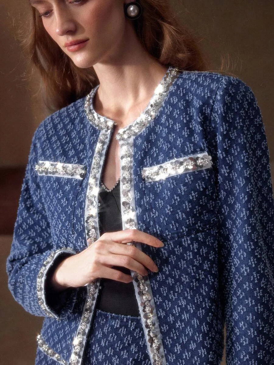 PREMIUM CONTRAST SEQUIN POCKET TOP amp SKIRT DENIM OUTFIT