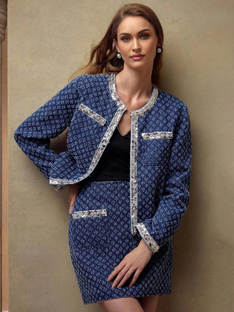 PREMIUM CONTRAST SEQUIN POCKET TOP amp SKIRT DENIM OUTFIT