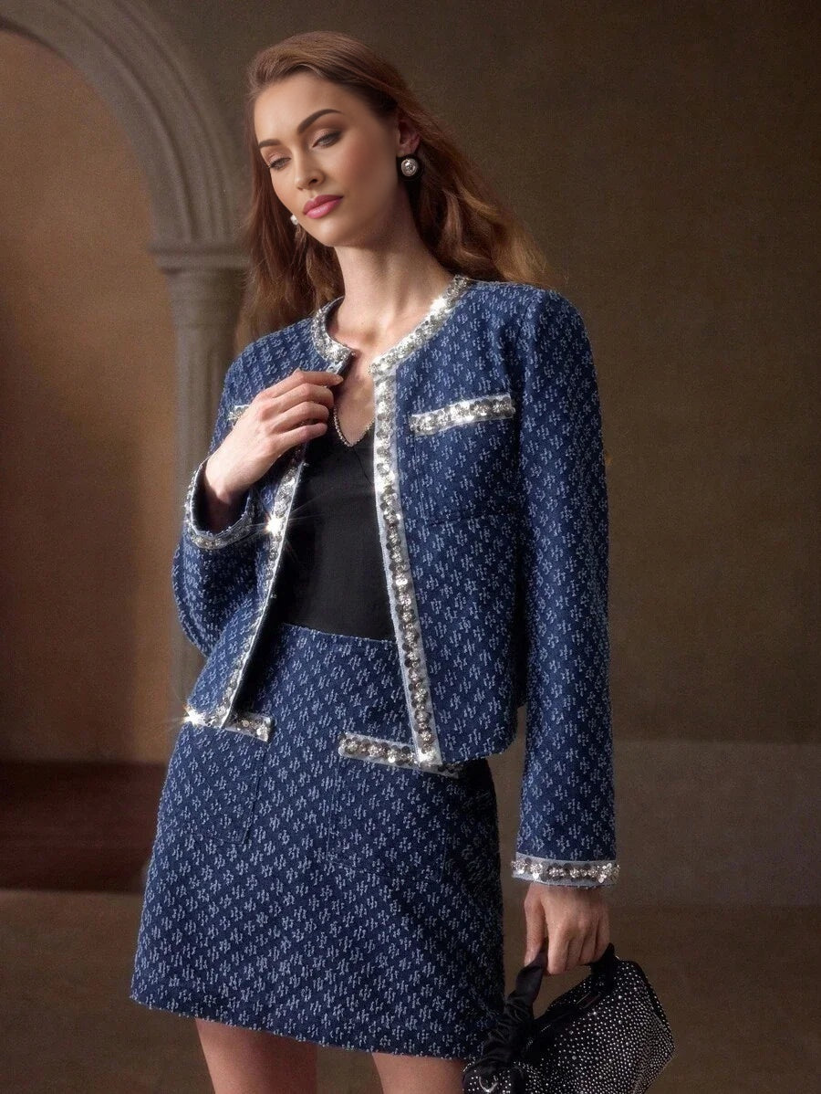 PREMIUM CONTRAST SEQUIN POCKET TOP amp SKIRT DENIM OUTFIT