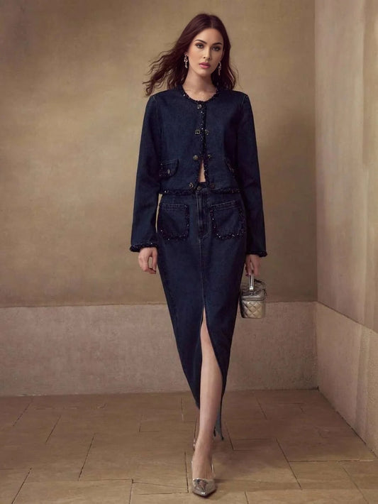 PREMIUM CONTRAST SEQUIN TRIM FLAP DETAIL CROP DENIM JACKET