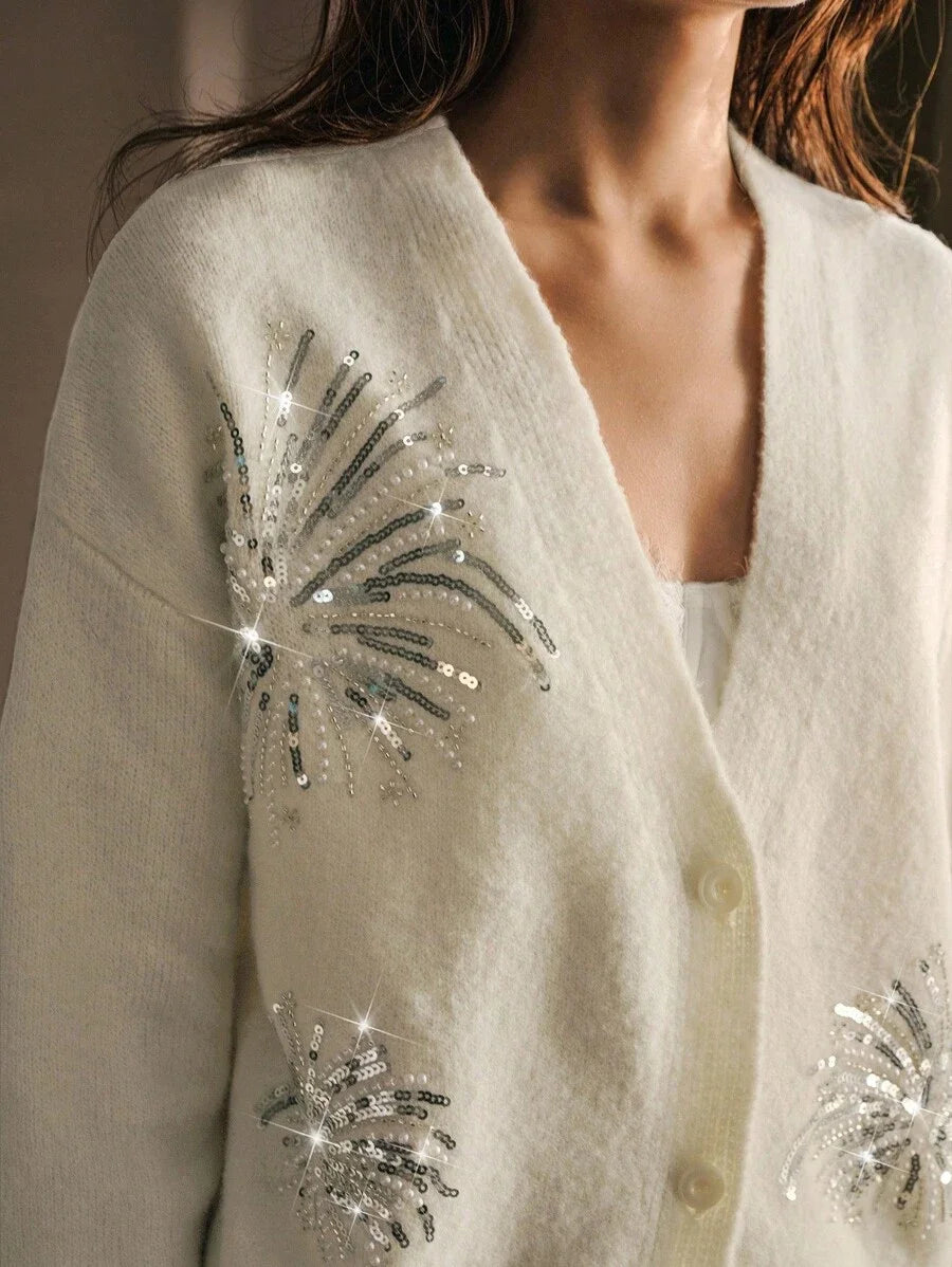 PREMIUM CONTRAST SEQUINS AND BEADED DETAIL DROP SHOULDER OVERSIZE CARDIGAN