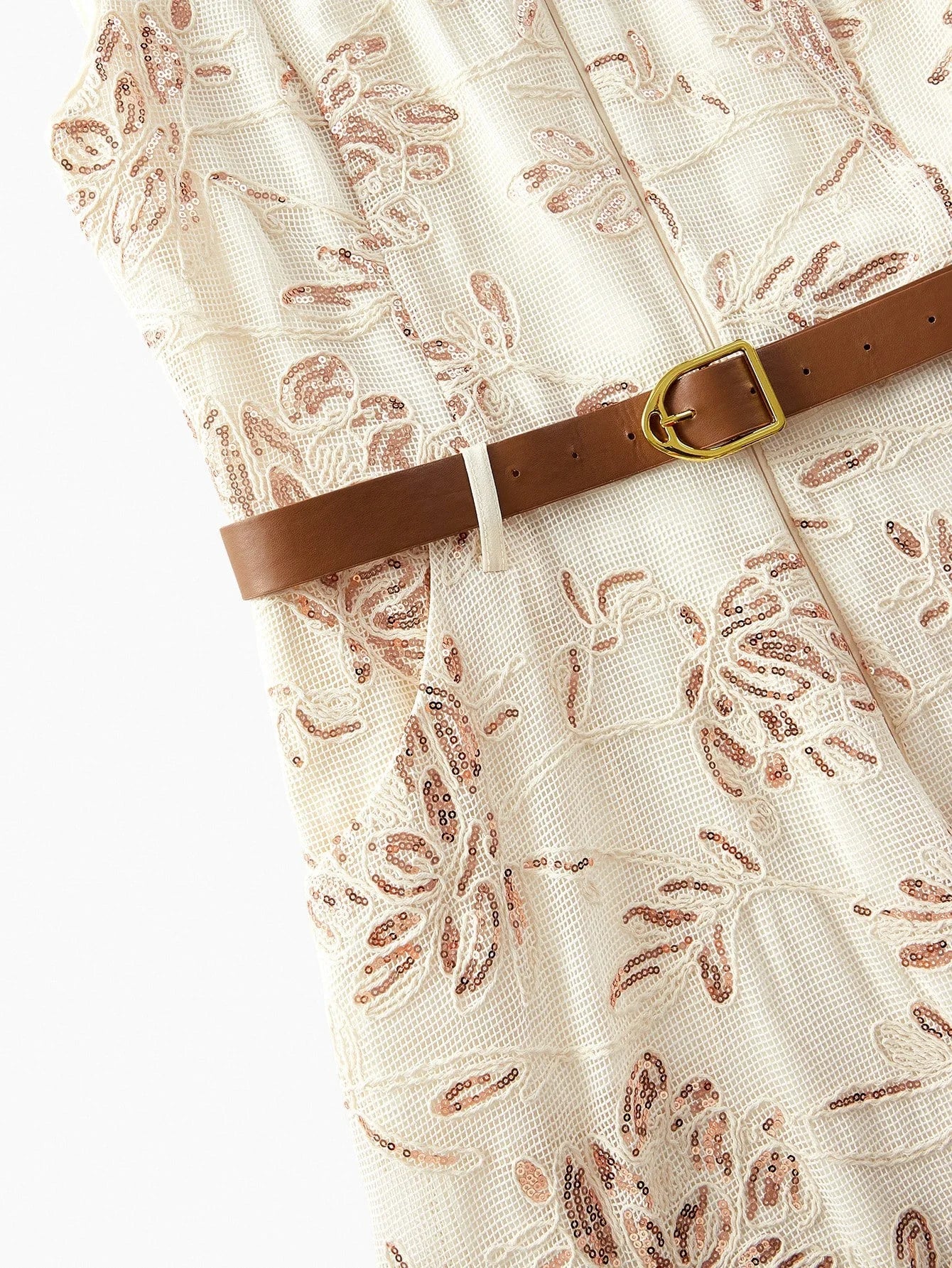 PREMIUM CONTRAST SEQUINS EMBROIDERY FLORAL PATTERN SLANT POCKET SLEEVELESS BELTED DRESS