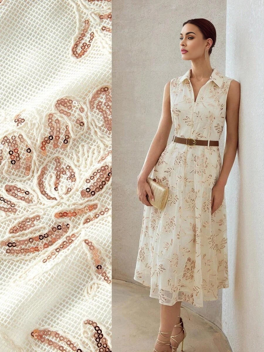 PREMIUM CONTRAST SEQUINS EMBROIDERY FLORAL PATTERN SLANT POCKET SLEEVELESS BELTED DRESS