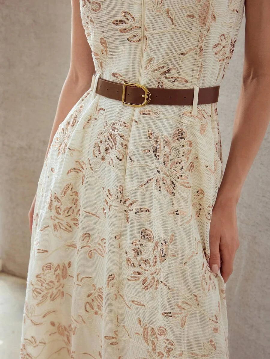 PREMIUM CONTRAST SEQUINS EMBROIDERY FLORAL PATTERN SLANT POCKET SLEEVELESS BELTED DRESS