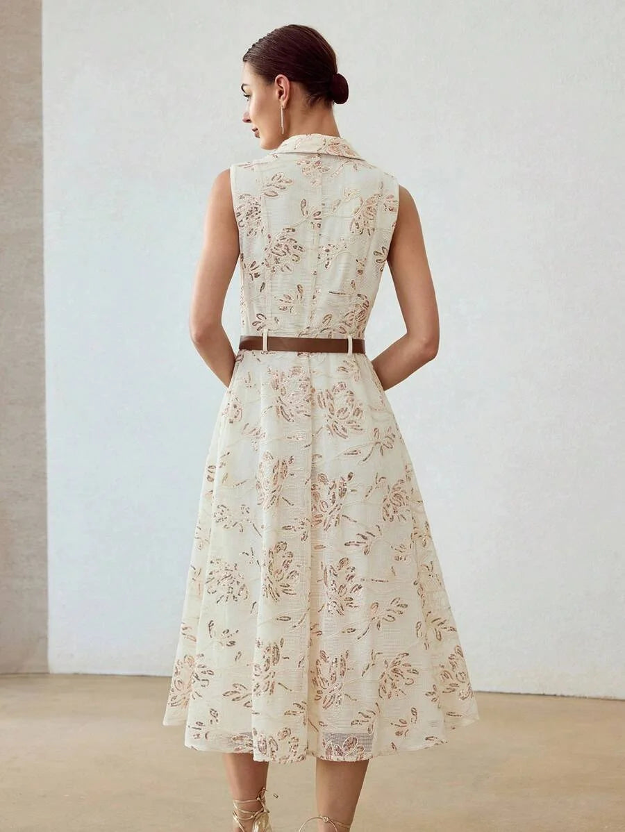 PREMIUM CONTRAST SEQUINS EMBROIDERY FLORAL PATTERN SLANT POCKET SLEEVELESS BELTED DRESS
