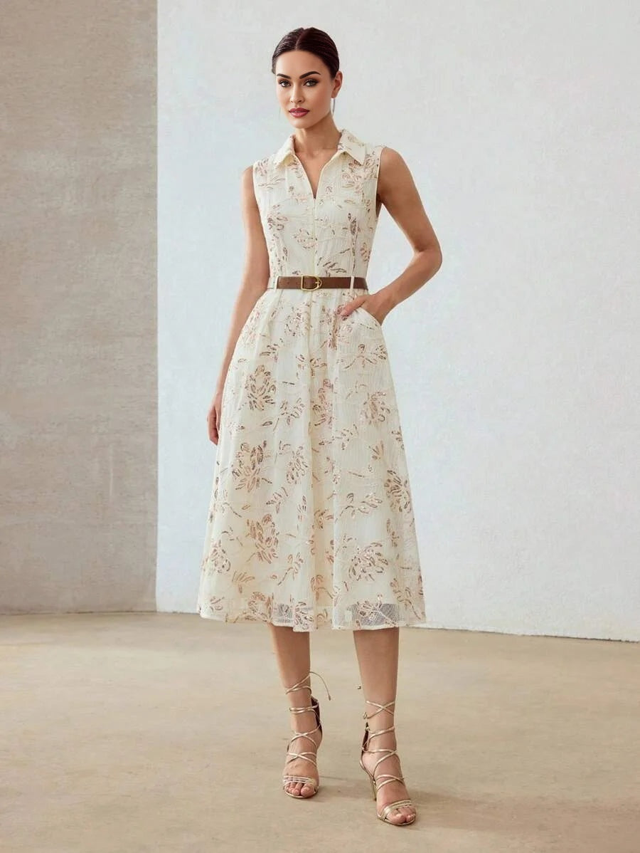 PREMIUM CONTRAST SEQUINS EMBROIDERY FLORAL PATTERN SLANT POCKET SLEEVELESS BELTED DRESS